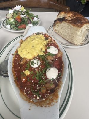 Eggs in purgatory with focaccia and side salad  at Stefano's Diner in Toronto