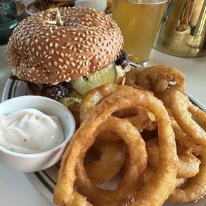 Fried Chicken Sandwich (make it “hot maple”) & Onion Rings  at Stefano's Diner in Toronto