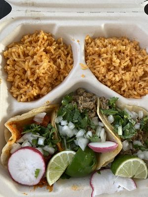 3 taco combo plate  I felt like all rice.  2 chik’n and 1 Pasteur  at Pancho's Vegan Tacos in Long Beach