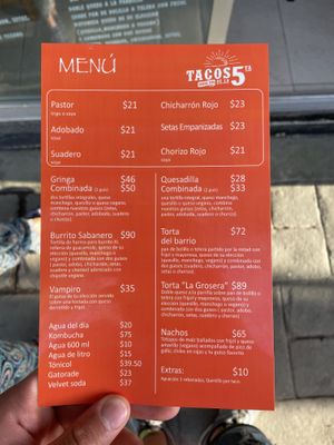 Menu (tacos above are all vegan)  at Tacos de la 5ta in Tuxtla Gutierrez