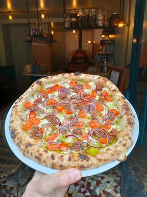 Pizza du Jour :vegan minced meat , vegan cheese. at Marcus Pizze Amore in Paris