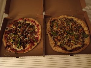 Vegan supreme and BBQ mock chicken pizzas! at Ephesus Pizza in Pittsburgh