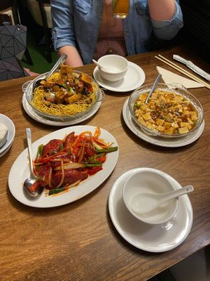 Crispy chow mein, spicy 'chicken' drumsticks, and mapo tofu. at Chung Ying in Birmingham