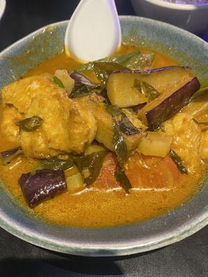 Nonya Fish Curry (very mild). Because this is a Nyonya dish, it has a very different flavour profile (coconut, lime leaves, curry leaves) than many of the other items on the menu.  at Chao 炒炒蔬食熱炒 in Taipei