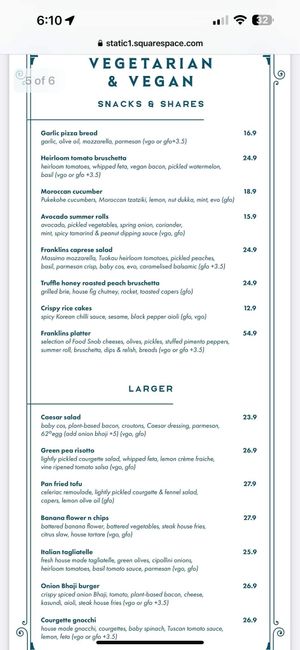 Menu 2 May 2024 at Franklins Bar & Eatery in Auckland