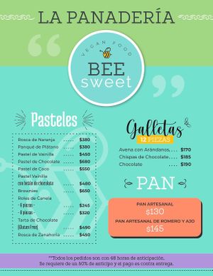 Bakery menu at Bee Sweet Vegan Food  in Playa Del Carmen