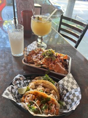 Buffalofu nachos and a variety of tacos. Horchata and amazing virgin margarita    at Terror Tacos in St Louis