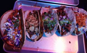 ltr: birria flame thrower, deathproof cowboy from hell, 2 carnage asada, buffalo chick'n at Terror Tacos in St Louis