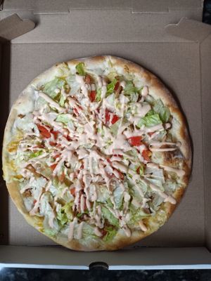 Our Vegan Cheeseburger Pie! (with homemade thousand island)  at Mamma Mia's Pizza in Garfield