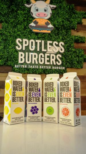 Only place in the country to find flavored Boxed water. Its Better at Spotless Burgers in Upland