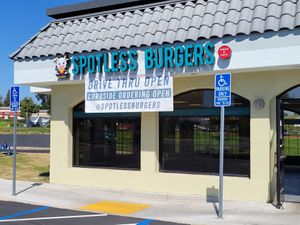 Signage at Spotless Burgers in Upland