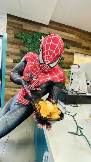 Spidey loves his Cheezy Tots 💕🕷 #Veganuary at Spotless Burgers in Upland