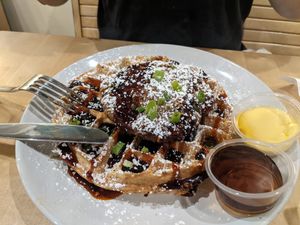 Vegan hot honey chicken (little fig)  & waffle at Golden West Cafe in Baltimore
