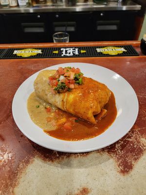 Vegan Breakfast Burrito with Black and Pinto Beans and Christmas Chile Sauce at Golden West Cafe in Baltimore