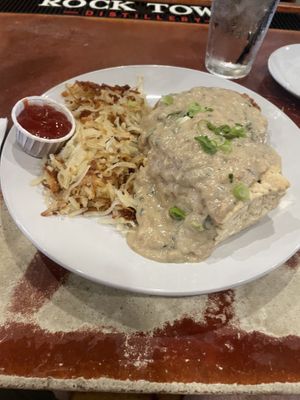 Vegan biscuits and gravy with fried “chicken” and hash browns   at Golden West Cafe in Baltimore