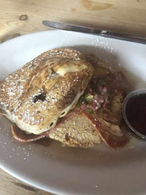 Vegan breakfast sandwich with “bacon” “egg” and blueberry pancakes  at Golden West Cafe in Baltimore