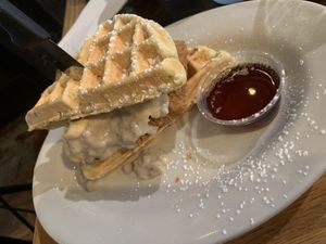 Vegan Waffle, egg and fried chkn with maple syrup.  at Golden West Cafe in Baltimore