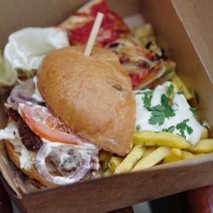 Sample box with burger, fries and pizza at Viva La Vegan in Edinburgh