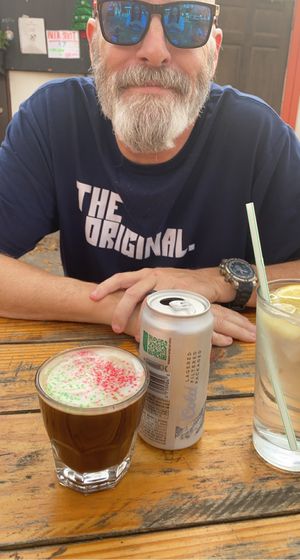 Hubs with his beer and my boozy hot chocolate   at Sunny's Backyard in Austin