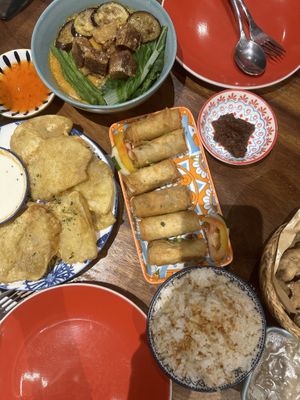 Kare-Kare, Potato Tempura, Lumpiang Shanghai, garlic Rice,  Fried Chick’un    at Cosmic - Pasig in Pasig