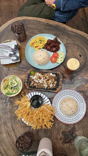 tosilog, miso soup, sisig with bagnet, enoki tempura, garlic rice, passion fruit iced tea  at Cosmic - Pasig in Pasig