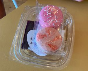 Vegan macarons on top of a vegan peanut butter crispy dessert at Purr Cup Cafe in Raleigh