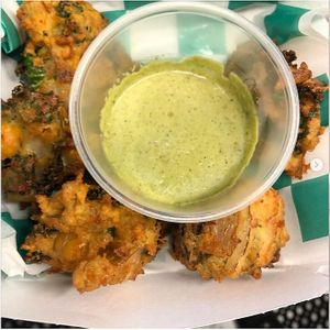 Chickpea Fritters with Goddess dipping sauce at Eliza's Vegan Café in Florence