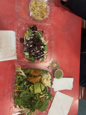 Rib sandwich, Mac n cheese, and the chickpea salad.  at Eliza's Vegan Café in Florence