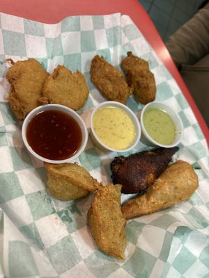 My husband got the sample platter appetizer and a side of fried okra as his meal.  at Eliza's Vegan Café in Florence