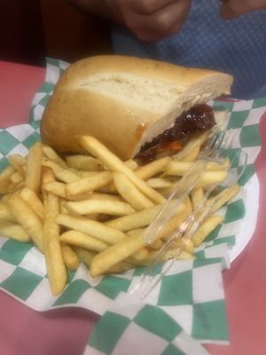 Spicy Chikn sandwich, fries   at Eliza's Vegan Café in Florence