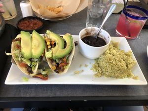 Vegan tacos (Portabella, mushrooms), black beans, and cilantro, lime rice  at Iron Cactus in San Antonio