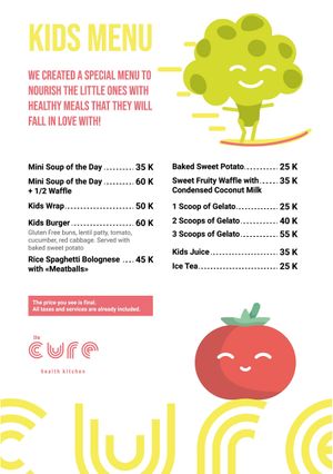 Kids Menu at The Cure Bali in Kuta