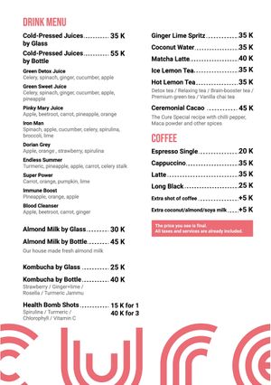 Drink Menu at The Cure Bali in Kuta