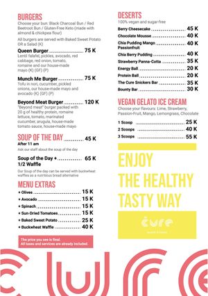 Main Menu at The Cure Bali in Kuta