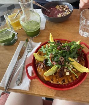 Smoothie bowl, smoothies, waffle with scramble tofu  at The Cure Bali in Kuta