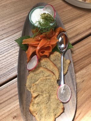 Potatoes bread with sour cream and smoky carrots at Kasvio in Utrecht