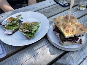 Sandwich with smoked tofu / focaccia with veggies and cream cheese at Kasvio in Utrecht