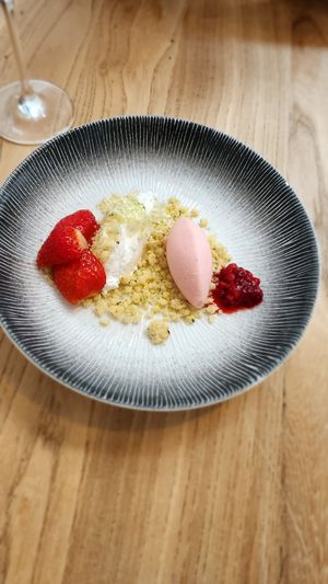 - Rhubarb sorbet, rosemary crumble, white chocolate, elderflower mousse at Kasvio in Utrecht