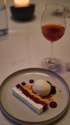 Tart cherry and white chocolate cake, coconut yogurt sorbet, cherry jelly and Blackberries

Paired with a Darjeeling-Strawberry-Camomille Kombucha at Kasvio in Utrecht