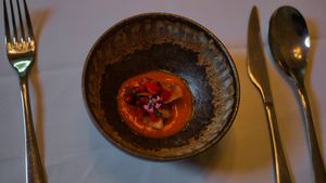 Fermented cherry tomato, potato chips, tomato tartaar at Kasvio in Utrecht