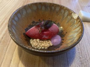 Pre-dessert with vossenbessen sorbet, ginger cookie crumble and tonic gel. Very good!  at Kasvio in Utrecht
