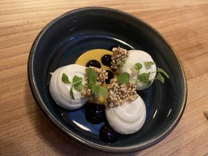 Dessert: panna cotta with coconut/duindoorn, lemon grass mousse and blueberry jelly. The best course of all! at Kasvio in Utrecht