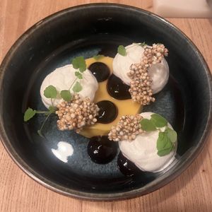 Dessert: pannacotta with foam, jam and puffed quinoa   at Kasvio in Utrecht