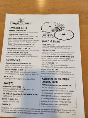 Menu at Jingu House in San Antonio