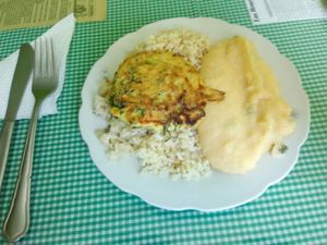 Pepian de choclo, rice and some sort of patty at Las Mercedes in Trujillo