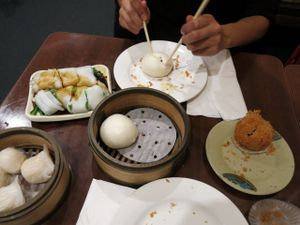 Mock shrimp dumplings - Rice flour rolls with chinese kale - Sesame paste buns - Mashed Taro treasure boxes at Vegetarian Dim Sum House in New York City