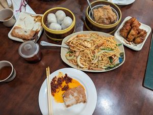 Fried noodles, radish cake, shrimp dumplings, and other stuff at Vegetarian Dim Sum House in New York City