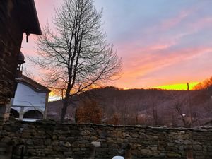 Sunrise over the church  at RisingSoul Retreat in Tryavna
