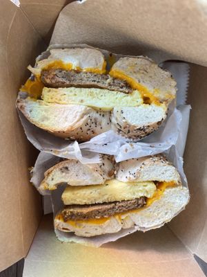 “Sausage, egg & Cheese” on Everything Bagel  at OCA Mocha in Halethorpe