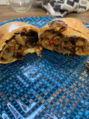 Potato, eggplant chorizo pastie at Crunch Cafe in Thornbury